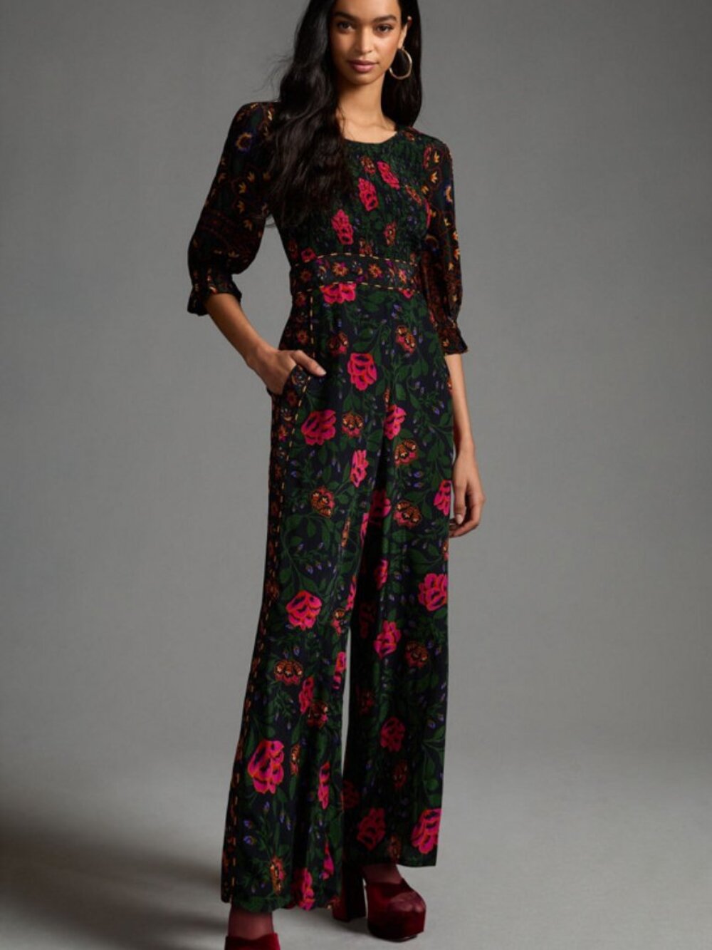 Farm Rio for Anthropologie Printed Smocked Jumpsuit Size Medium broken zipper